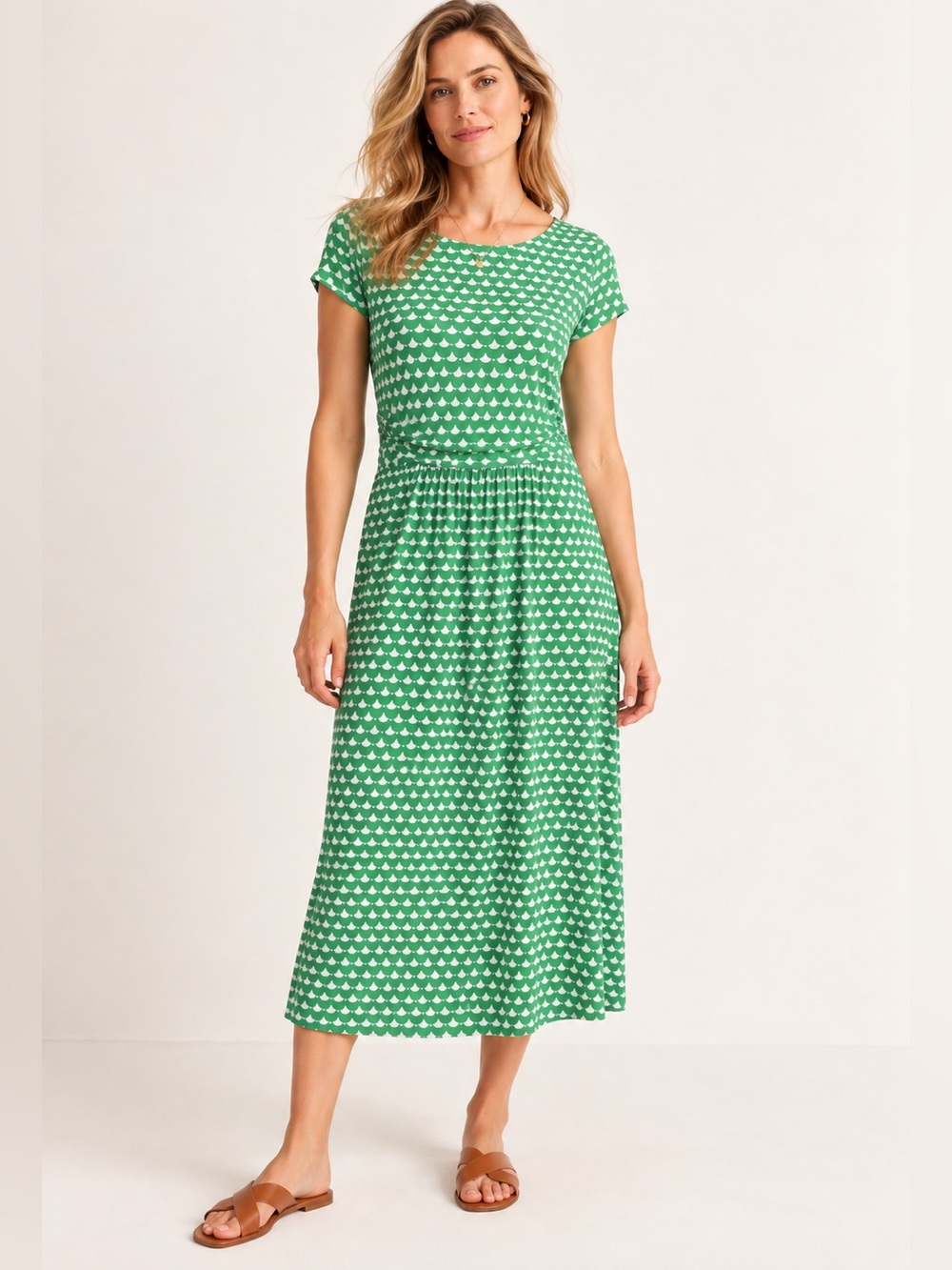 Boden | Amelie Jersey Midi Dress Crescent Stamp Green White US 10R